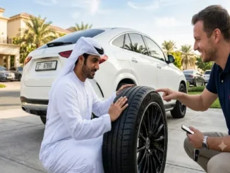 A man in a white Emirati thobe kneels on a stone driveway and inspects the deep tread of a new premium Michelin tire fitted to a white luxury SUV, while a smiling seller points to the brand name, in a sunny Dubai residential setting.