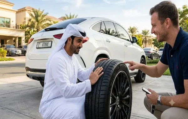 A man in a white Emirati thobe kneels on a stone driveway and inspects the deep tread of a new premium Michelin tire fitted to a white luxury SUV, while a smiling seller points to the brand name, in a sunny Dubai residential setting.