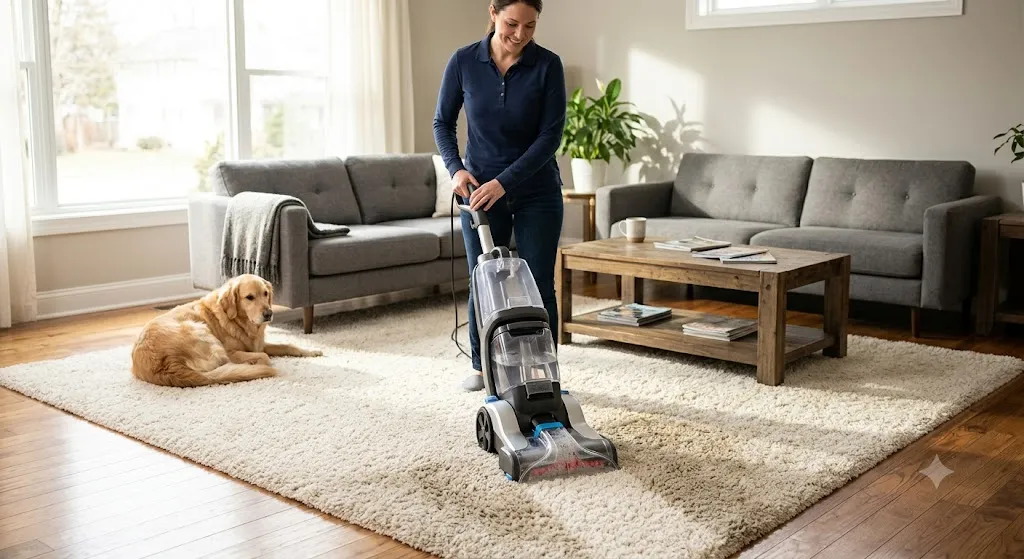 A woman in a blue shirt smiles as she uses a carpet cleaner on a light-colored rug in a living room. A Golden Retriever lies relaxed on the rug nearby, with grey sofas and a coffee table in the background.