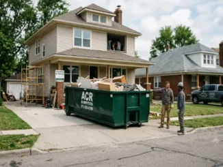A green ACR Dumpsters roll-off container parked in a suburban driveway filled with construction debris during a residential home renovation.