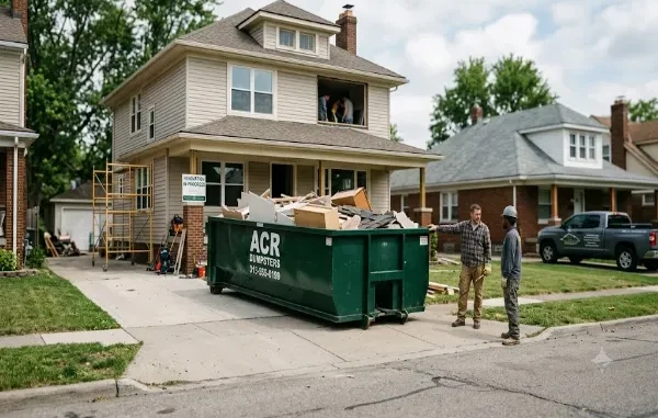 A green ACR Dumpsters roll-off container parked in a suburban driveway filled with construction debris during a residential home renovation.