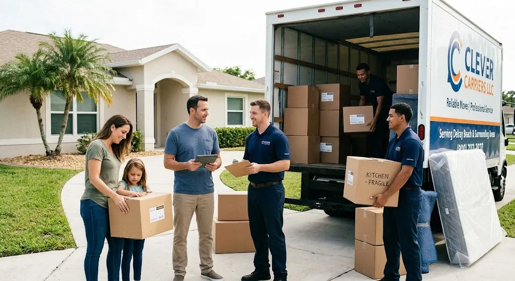 A photo showing a moving crew with a large truck marked "CLEVER CARRIERS LLC" helping a family move their belongings from a suburban house in Florida. A mother, father, and young daughter are speaking to one of the movers holding a clipboard, while other crew members are busy loading boxes onto the truck, including a mattress and a box marked "KITCHEN FRAGILE." The image illustrates a positive and coordinated residential move.