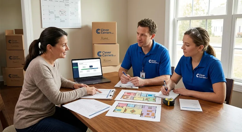 A candid, well-lit photograph captures a thorough move planning session. A smiling homeowner woman (seated, foreground left) points to a specific line item on a multi-page physical inventory checklist. Seated across a wooden table from her are two professional movers from 'Clever Carriers LLC', a man (center) and a woman (right). They wear branded blue polo shirts. The man listens intently, while the woman makes detailed notes on a notepad. Laid out on the table are diverse planning tools: floor plans of a new home with colored markers, a tape measure, the physical checklists, a clipboard, and a laptop open to a digital moving portal showing a visual timeline. Multiple moving boxes labeled 'Clever Carriers LLC' are stacked in the background on the left. Natural daylight fills the cozy home environment.