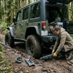A person wearing work gloves kneels on a muddy forest trail to place a specialized metal vehicle recovery traction track in front of the tire of an off-road modified green Jeep Wrangler to gain traction and escape a rut.