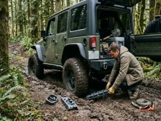 A person wearing work gloves kneels on a muddy forest trail to place a specialized metal vehicle recovery traction track in front of the tire of an off-road modified green Jeep Wrangler to gain traction and escape a rut.