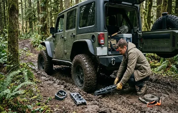 A person wearing work gloves kneels on a muddy forest trail to place a specialized metal vehicle recovery traction track in front of the tire of an off-road modified green Jeep Wrangler to gain traction and escape a rut.