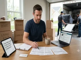 A man in a blue t-shirt sits at a wooden table in a room with cardboard boxes, reviewing moving company quotes and a checklist on a tablet while movers load a truck in the background.