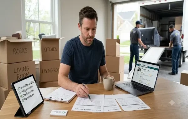 A man in a blue t-shirt sits at a wooden table in a room with cardboard boxes, reviewing moving company quotes and a checklist on a tablet while movers load a truck in the background.