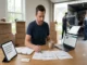A man in a blue t-shirt sits at a wooden table in a room with cardboard boxes, reviewing moving company quotes and a checklist on a tablet while movers load a truck in the background.