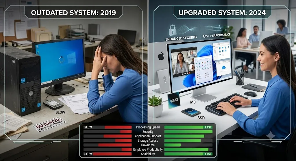A side-by-side visual comparison illustrating the performance difference between a 2019 outdated computer system and a 2024 upgraded system. On the left, a frustrated office worker sits at a slow desktop with mechanical storage and old software. On the right, a productive employee uses a fast modern computer with M3 and SSD technology. A comparison chart at the bottom quantifies the improvements in speed, security, and productivity.