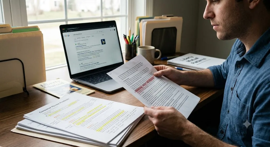 A side-view photograph of a man sitting at a wooden desk by a window, closely reading a printed document. In front of him is an open laptop displaying web search results, alongside folders, a notebook, and a stack of papers titled 'Consumer Review Printouts' featuring sections highlighted in yellow.