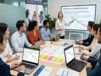 A diverse group of ten professionals seated around a conference table engaged in a corporate training session led by a female instructor, featuring a presentation on frameworks and behavioral skills with Gantt charts, laptops, notes, and a banner.