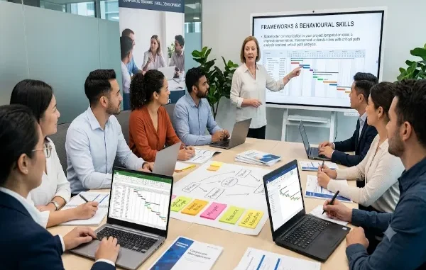 A diverse group of ten professionals seated around a conference table engaged in a corporate training session led by a female instructor, featuring a presentation on frameworks and behavioral skills with Gantt charts, laptops, notes, and a banner.