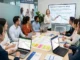 A diverse group of ten professionals seated around a conference table engaged in a corporate training session led by a female instructor, featuring a presentation on frameworks and behavioral skills with Gantt charts, laptops, notes, and a banner.