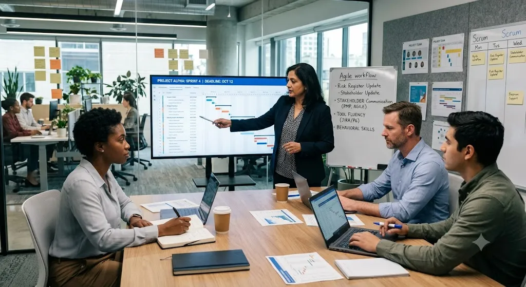 A female corporate trainer presenting a project management Gantt chart on a large digital screen to a diverse group of professionals in a modern office meeting room. The whiteboard next to her lists "Agile workflow," "Tool Fluency," and "Behavioral Skills," while participants take notes on laptops and notebooks during the training session.