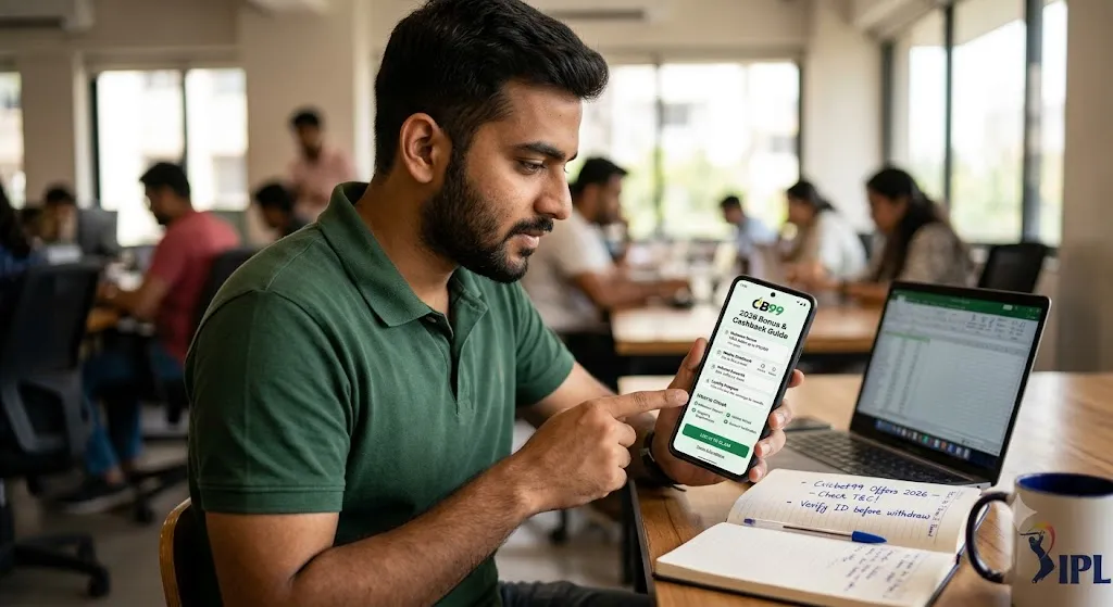 A focused South Asian man in a green polo shirt sits at a desk in a modern office, analyzing a smartphone screen that displays a "2026 Bonus & Cashback Guide" interface for a sports platform. Next to him, an open laptop displays data spreadsheets, and a notebook on the table contains handwritten notes about verifying terms and conditions. The scene emphasizes careful user research and secure digital account verification.