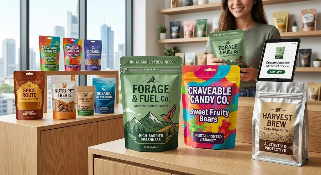 A modern retail display featuring a variety of custom printed stand-up pouches for different products, including coffee, protein blends, and candy. The high-quality packaging showcases custom graphics, resealable zippers, and a digital print look, set against a blurred background with a city view.
