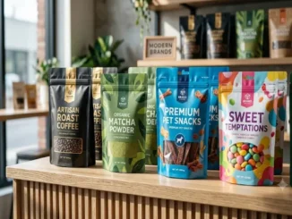 A colorful row of custom stand-up pouch packaging for coffee, matcha powder, pet treats, and candy displayed on a modern wooden retail store counter.