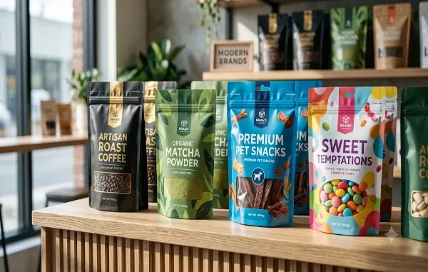 A colorful row of custom stand-up pouch packaging for coffee, matcha powder, pet treats, and candy displayed on a modern wooden retail store counter.