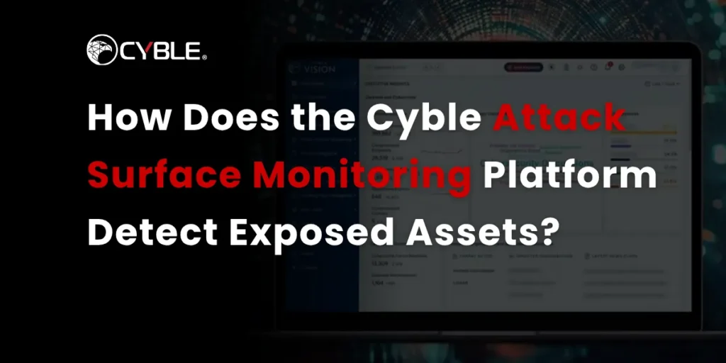 An article banner featuring the Cyble logo and a laptop displaying the Cyble Vision dashboard, with overlay text reading: "How Does the Cyble Attack Surface Monitoring Platform Detect Exposed Assets?"