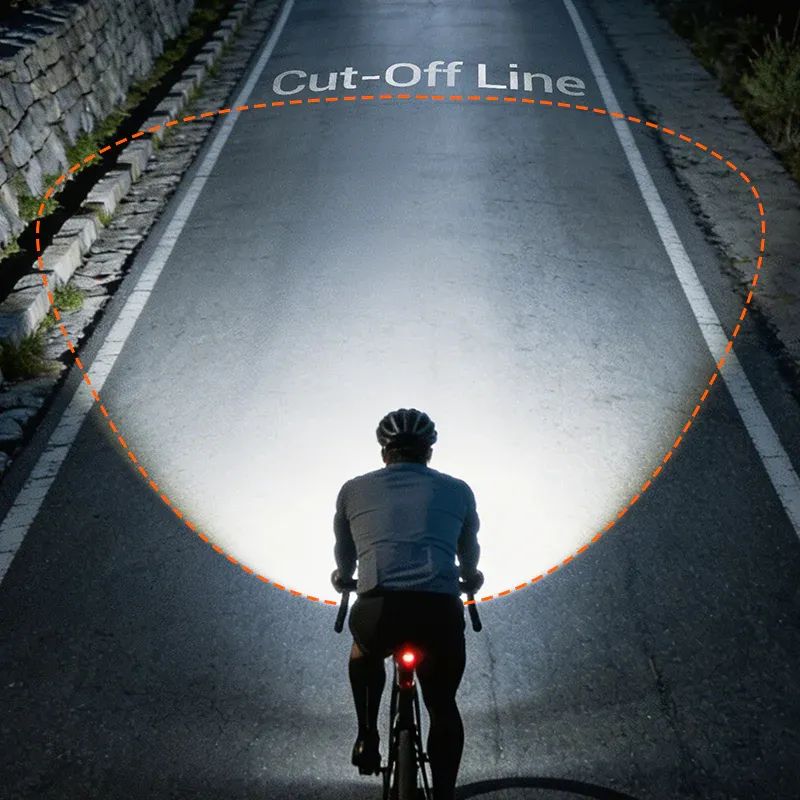 Cyclist riding on an asphalt road at night, illuminated by a front bike lamp with a clear cut-off line beam pattern on the pavement.