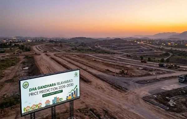 An aerial view of a large property development site during a sunset. A large billboard stands in the foreground, displaying information about DHA Gandhara Islamabad price prediction for 2026-2030, including a chart and illustrative elements of buildings. In the background, there are dirt roads and hills, with construction vehicles visible.