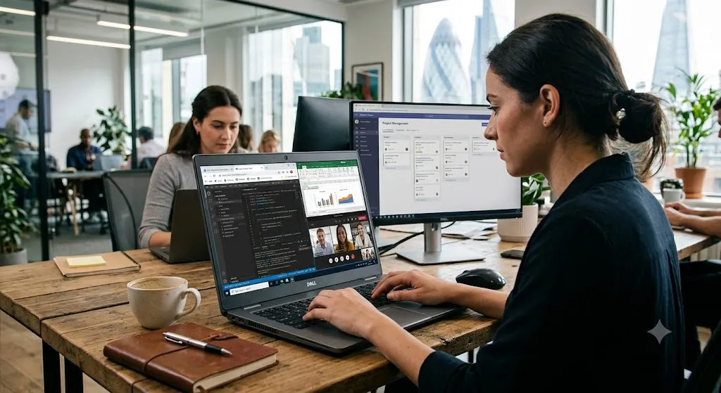 A young female professional wearing a black shirt is focused on her Dell Latitude 5540 laptop while working at a wooden desk in a busy open-plan London office. Her laptop screen is actively split into sections, showcasing a multi-tasking workflow including a Visual Studio Code environment with syntax-highlighted code, a complex Excel spreadsheet with a small bar graph, and a video conference call in progress with three other participants. She has her hands positioned on the keyboard, with a coffee mug, a leather-bound notebook, and a pen nearby. In the background, other colleagues are working at their desks, and a prominent second monitor displays a project management interface. The large windows reveal a clear view of the iconic London skyline, including the Gherkin and Shard, providing a sense of place and professional context. Natural daylight illuminates the scene, which is captured with a shallow depth of field.
