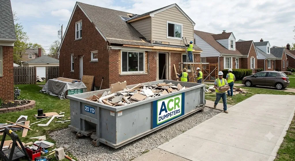 A residential house in Detroit undergoing significant renovation, with a large, open-top concrete dumpster from ACR DUMPSTERS filled with construction debris positioned on gravel near the driveway. Contractors in hard hats and reflective vests work on scaffolding and move debris.