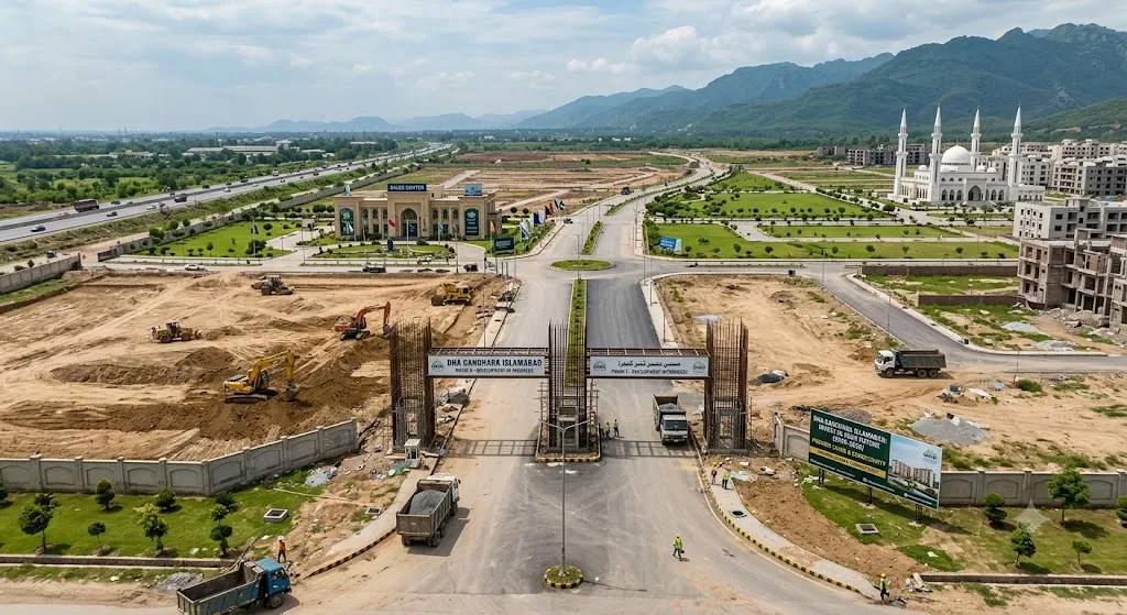 High-angle aerial view of ongoing road construction, infrastructure development, and entrance gate design at DHA Gandhara Phase 9 Islamabad near the Margalla Hills.