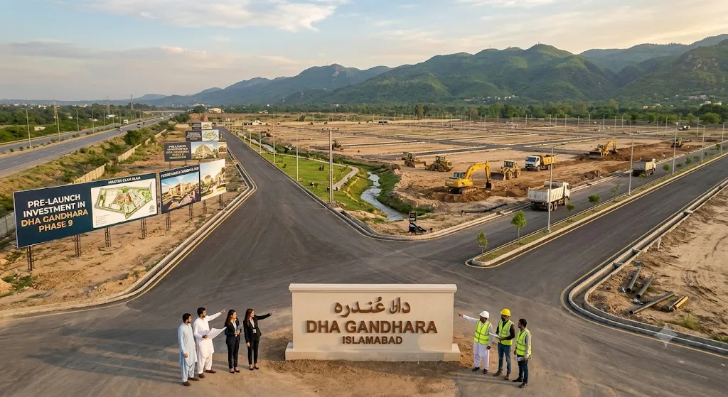 An elevated photograph of DHA Gandhara, Islamabad Phase 9 during pre-launch. It features a main entrance monument with text, several prominent billboards displaying investment details and master plans, wide asphalt roads, active construction machinery, and a diverse group of professionals and workers. The Margalla Hills are visible in the background under a warm, golden sunset sky.