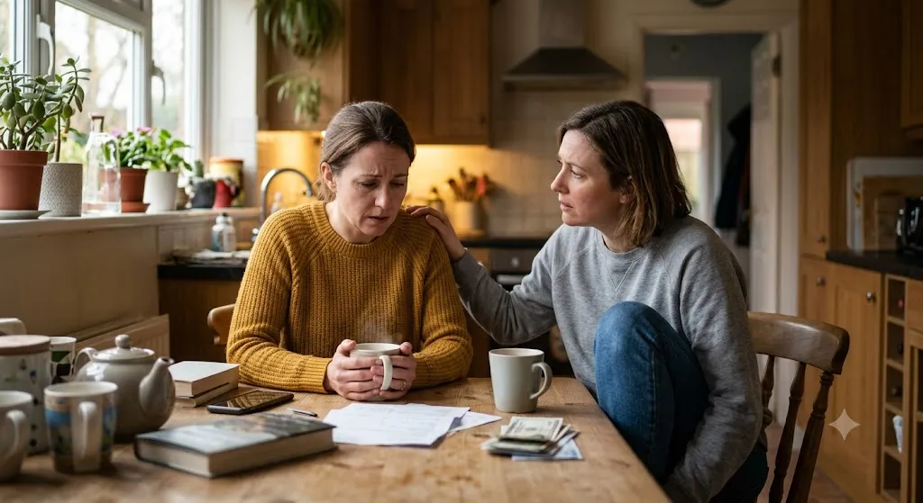 A candid photo of a distressed woman in a yellow sweater seated at a wooden kitchen table, receiving comfort from another woman. A nurse stands nearby.