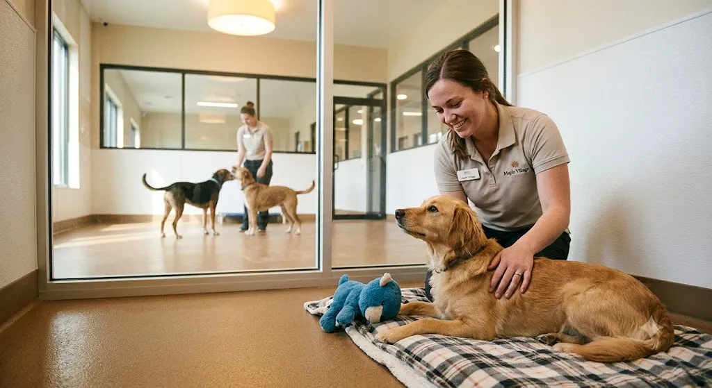 A smiling female staff member at a dog boarding facility pets a golden retriever resting on a plaid mat. Through a glass wall in the background, another staff member interacts with two other dogs in a separate room.