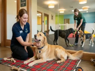 A smiling female boarding staff member, wearing a beige polo shirt with a name tag, gently pets a relaxed Golden Retriever lying on a plaid blanket in a clean room. Through a large glass partition in the background, another staff member interacts with two other dogs in a separate play area.