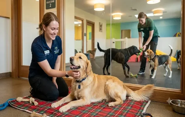 A smiling female boarding staff member, wearing a beige polo shirt with a name tag, gently pets a relaxed Golden Retriever lying on a plaid blanket in a clean room. Through a large glass partition in the background, another staff member interacts with two other dogs in a separate play area.