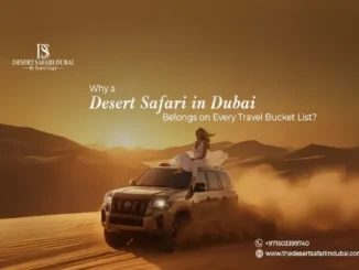 A woman in a white dress sitting on top of a 4x4 SUV during a dune bashing desert safari in Dubai at golden hour.