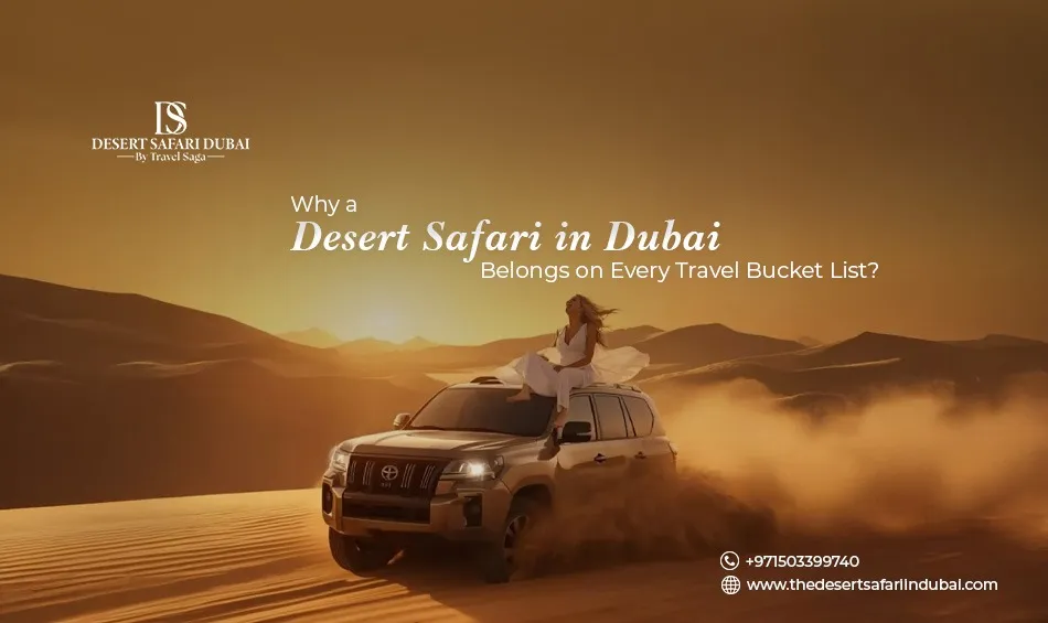 A woman in a white dress enjoying dune bashing on top of a 4x4 SUV during a Dubai desert safari at golden hour.