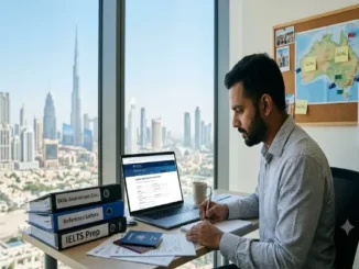 A realistic photograph of a male South Asian expatriate sitting at a desk in a high-rise Dubai apartment, filling out paperwork. His desk features a laptop displaying a points calculator, folders for Skills Assessment and IELTS prep, and a passport. The Burj Khalifa and Dubai skyline are visible through the window, and a map of Australia with "GOAL" sticky notes hangs on the wall.