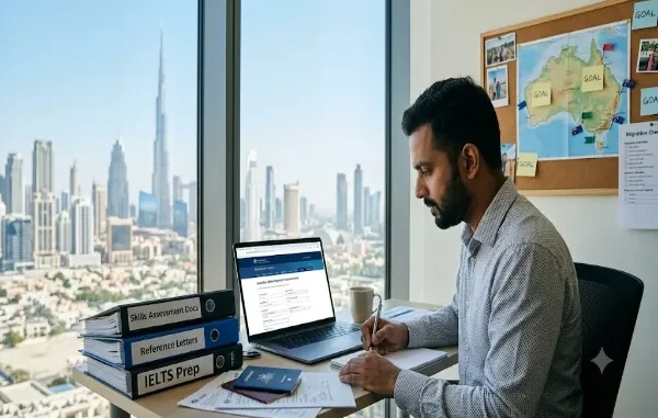 A realistic photograph of a male South Asian expatriate sitting at a desk in a high-rise Dubai apartment, filling out paperwork. His desk features a laptop displaying a points calculator, folders for Skills Assessment and IELTS prep, and a passport. The Burj Khalifa and Dubai skyline are visible through the window, and a map of Australia with "GOAL" sticky notes hangs on the wall.