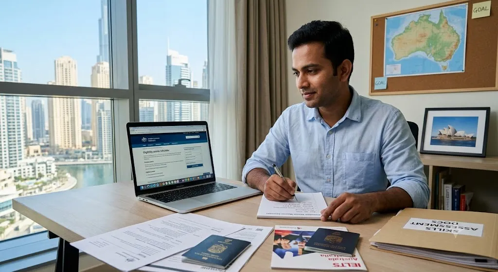 A realistic photograph of a male South Asian expatriate sitting at a desk in a modern Dubai high-rise apartment, preparing his Australian skilled migration paperwork. A laptop open to an eligibility points calculator sits on the desk alongside organized folders labeled "Skills Assessment Docs," an IELTS prep book, and passports. In the background, a large window reveals the iconic Dubai skyline, while a corkboard on the wall features a map of Australia with "GOAL" sticky notes.