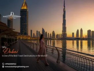 A woman walking along a waterfront promenade in Dubai during a golden sunset, featuring the iconic Burj Khalifa and modern city skyscrapers in the background.