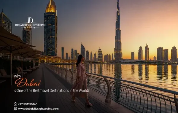 A woman walking along a waterfront promenade in Dubai during a golden sunset, featuring the iconic Burj Khalifa and modern city skyscrapers in the background.