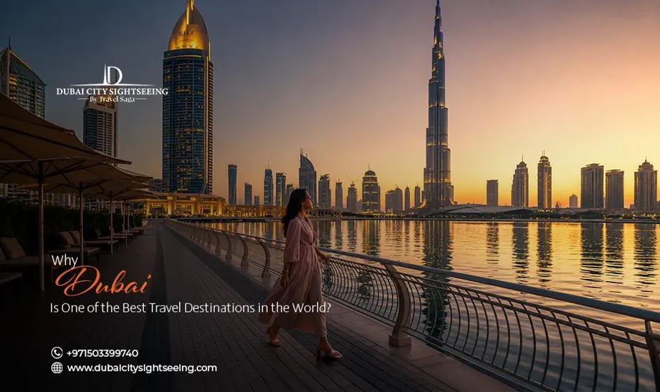 A woman walking along a scenic waterfront promenade in Downtown Dubai with the Burj Khalifa and modern skyscrapers illuminated at sunset.