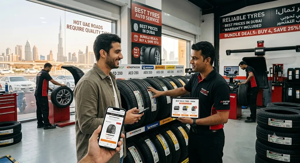 A customer and a service representative in a modern Dubai tire shop. The representative points to a display of tires with prices in AED. The customer holds a phone showing a matching online price. A service technician works on a wheel in the background, and the Dubai skyline, including the Burj Khalifa, is visible through a large window. Banners promote "Best Prices in Dubai" and bundle deals.