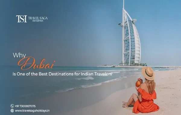 A woman in an orange dress and straw hat sipping a coconut on a sandy Dubai beach with the iconic sail-shaped Burj Al Arab hotel in the background.