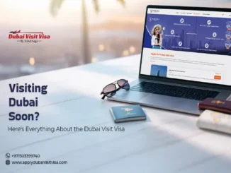 Laptop displaying the Travel Saga Dubai Visit Visa website alongside a passport, sunglasses, and the text 'Visiting Dubai Soon?'