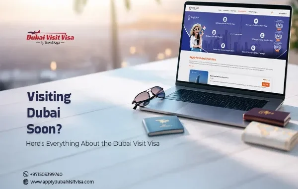 Laptop displaying the Travel Saga Dubai Visit Visa website alongside a passport, sunglasses, and the text 'Visiting Dubai Soon?'