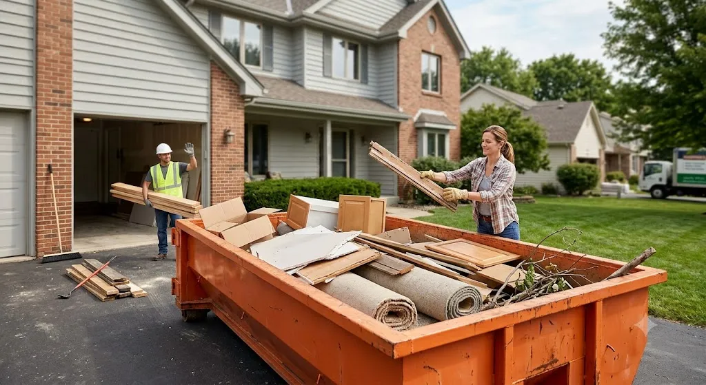 A large orange roll-off dumpster parked in a suburban driveway during a home renovation project. A woman in a plaid shirt tosses old wooden planks into the dumpster, while a contractor wearing a hard hat and safety vest carries lumber in the background near an open garage.
