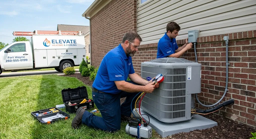 Two technicians from Elevate Heating & Cooling, a Fort Wayne-based company, installing a central air conditioning system at a residential home. The lead technician is kneeling on the grass, using a manifold gauge and vacuum pump, while a second technician handles wiring on the brick and siding exterior.