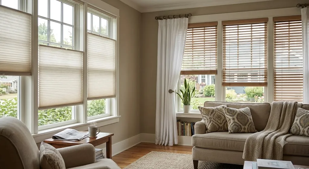 A cozy, sunlit living room showcasing stylish and functional window treatments. On the left, three windows feature light-filtering, top-down bottom-up cellular shades in a soft beige. On the right, larger windows are fitted with warm wood horizontal blinds paired with a flowing white side drapery panel. The room is decorated with a comfortable neutral sofa, patterned throw pillows, and a wooden side table, illustrating elegant privacy and light control.