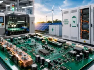 Advanced printed circuit board assembly in front of industrial energy storage systems and renewable solar-wind power farms.